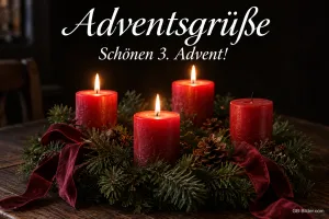 Adventskranz mit roten Kerzen, Text: Adventsgrüße – Schönen 3. Advent!
