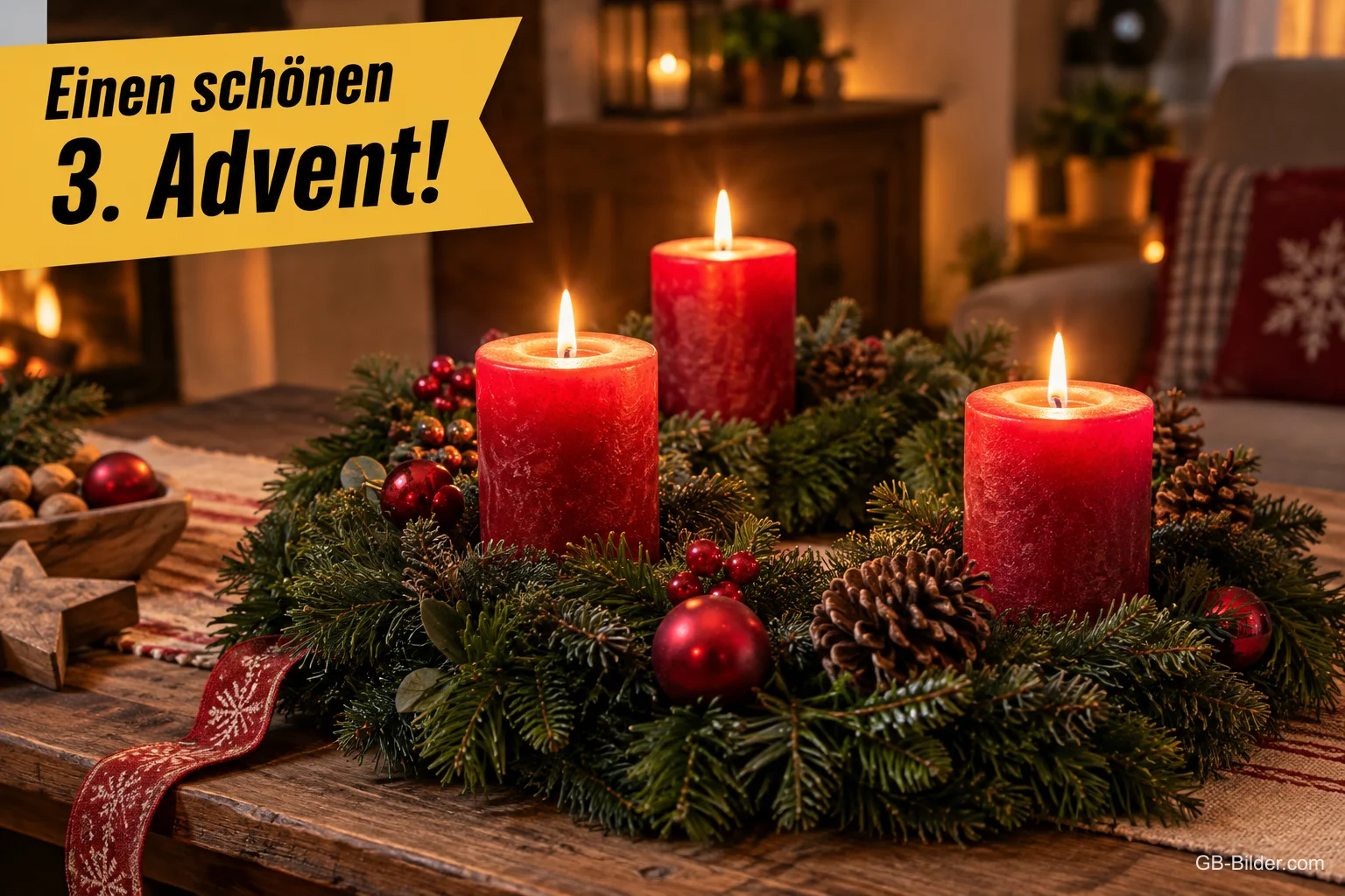 Adventskranz mit drei brennenden roten Kerzen, Text: Einen schönen 3. Advent! Adventskranz mit drei brennenden roten Kerzen, Text: Einen schönen 3. Advent!