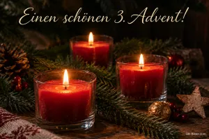 Drei brennende rote Kerzen im Glas, Text: Einen schönen 3. Advent!