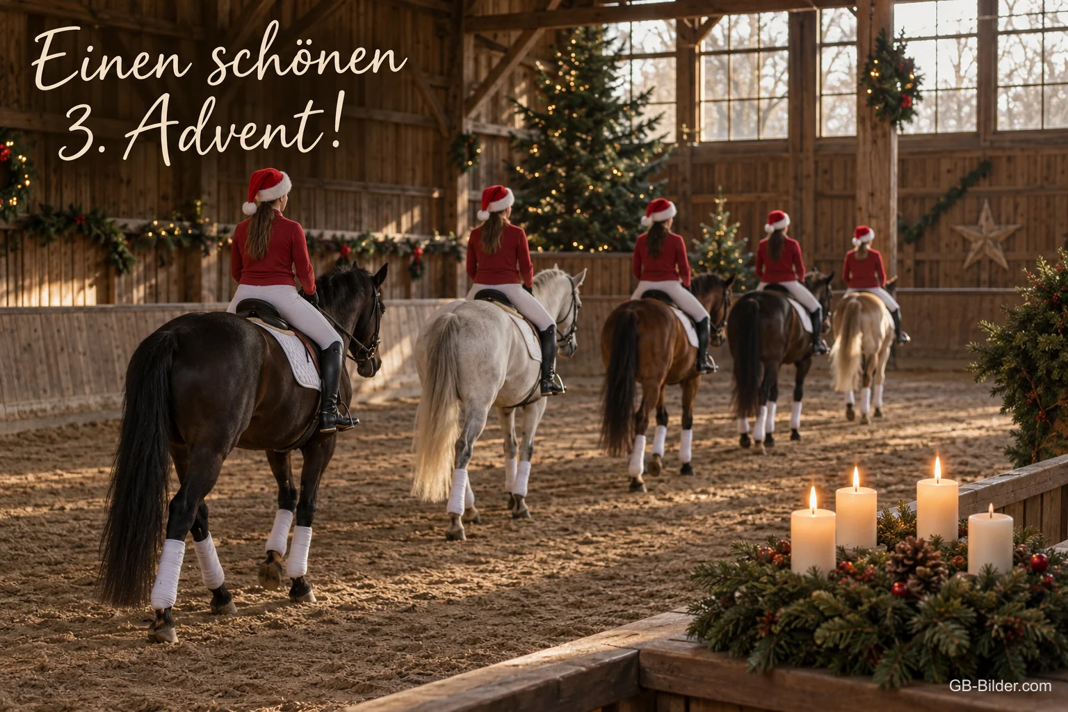 Reiterinnen mit Weihnachtsmützen in der Reithalle, Text: Einen schönen 3. Advent! Reiterinnen mit Weihnachtsmützen in der Reithalle, Text: Einen schönen 3. Advent!