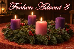 Adventskranz mit lila und rosa Kerzen, Text: Frohen Advent 3