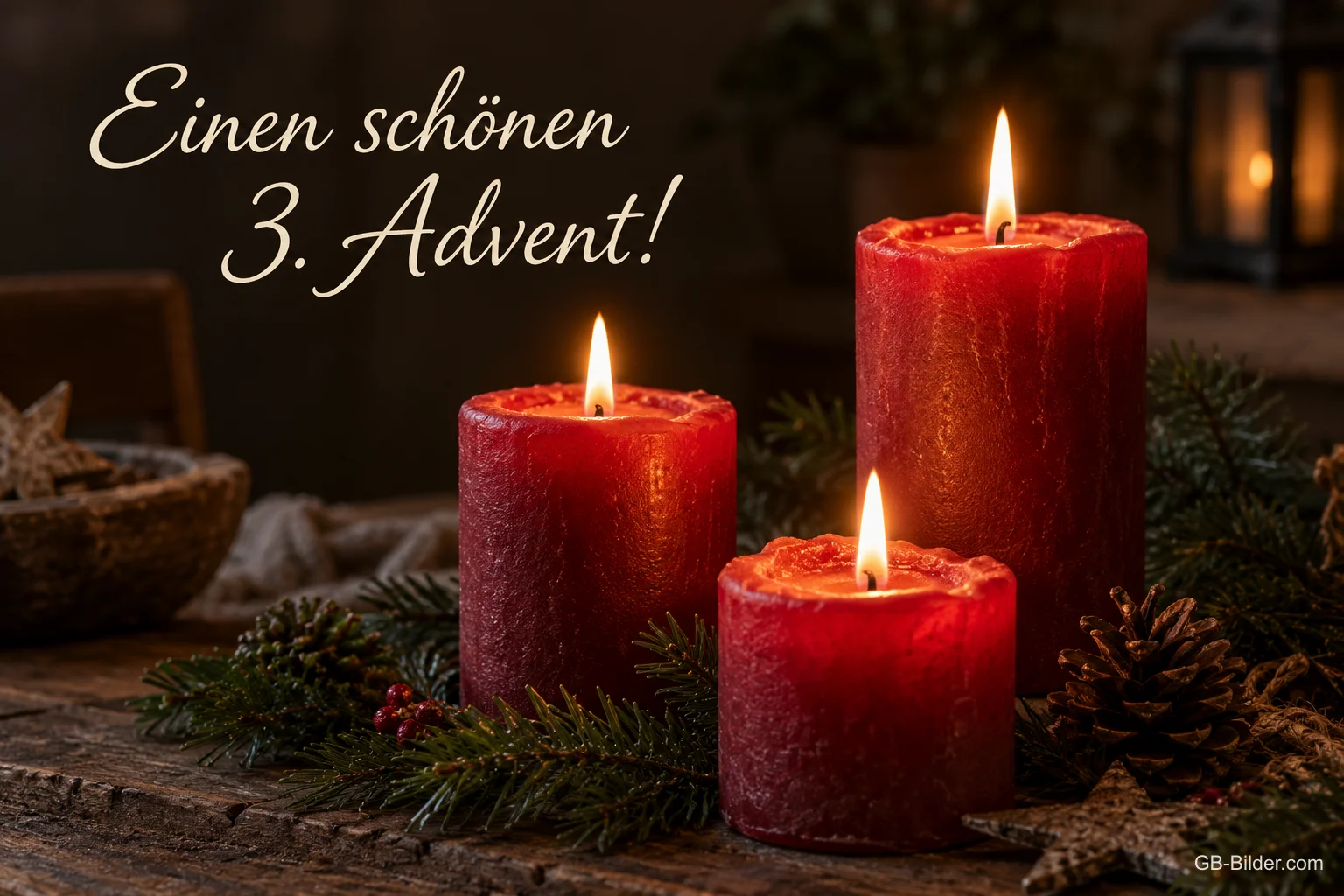 Drei brennende rote Kerzen, Text: Einen schönen 3. Advent! Drei brennende rote Kerzen, Text: Einen schönen 3. Advent!