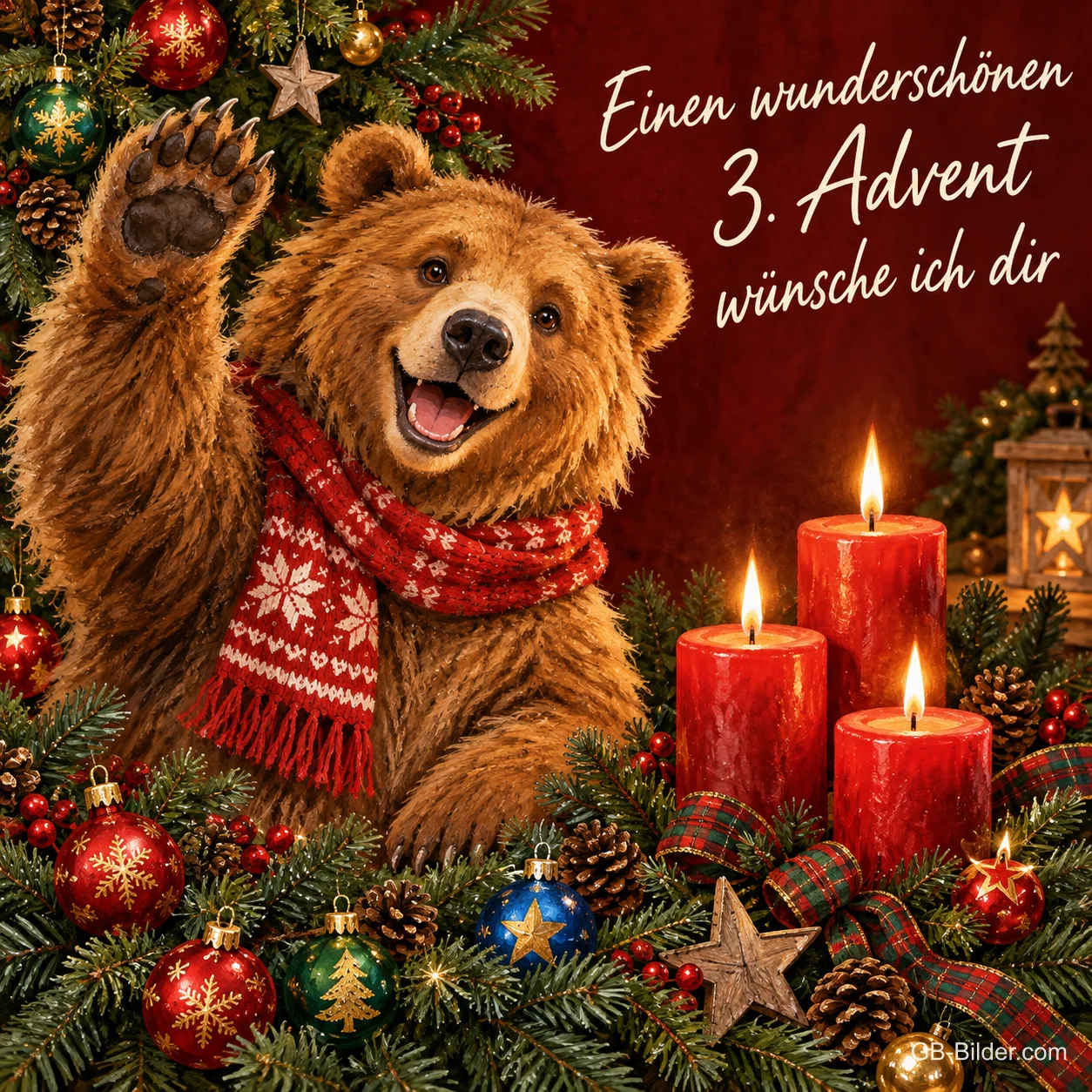 Bär mit Strickschal winkt neben drei brennenden roten Kerzen und Tannenzweigen, Text: Einen wunderschönen 3. Advent wünsche ich dir Bär mit Strickschal winkt neben drei brennenden roten Kerzen und Tannenzweigen, Text: Einen wunderschönen 3. Advent wünsche ich dir