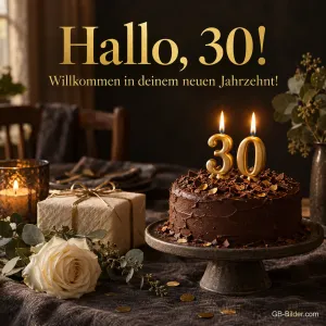 Schokoladentorte mit 30-Kerzen, Text: Hallo, 30! Willkommen in deinem neuen Jahrzehnt!