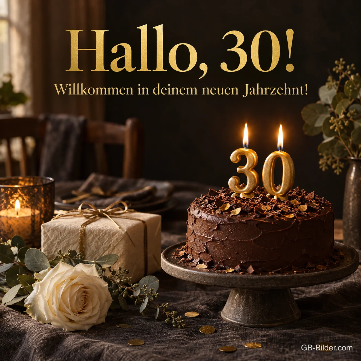 Schokoladentorte mit 30-Kerzen, Text: Hallo, 30! Willkommen in deinem neuen Jahrzehnt!