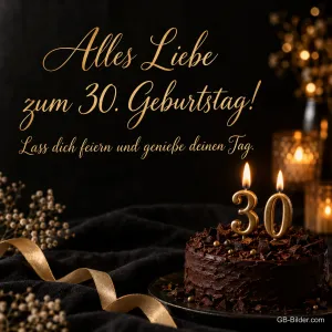 Schokoladentorte mit 30-Kerzen im Kerzenlicht, Text: Alles Liebe zum 30. Geburtstag!
