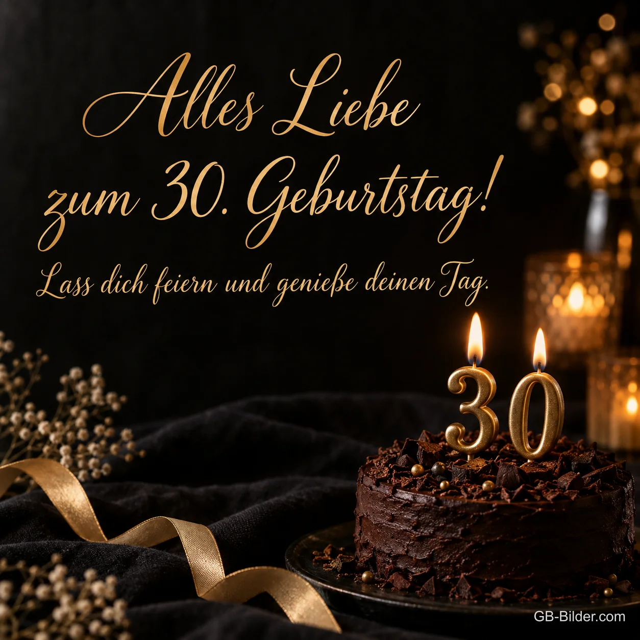 Schokoladentorte mit 30-Kerzen im Kerzenlicht, Text: Alles Liebe zum 30. Geburtstag! Schokoladentorte mit 30-Kerzen im Kerzenlicht, Text: Alles Liebe zum 30. Geburtstag!