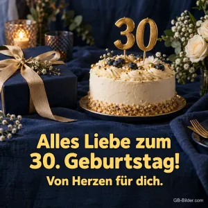Torte mit goldener 30 auf blauem Samt, Text: Alles Liebe zum 30. Geburtstag! Von Herzen für dich.