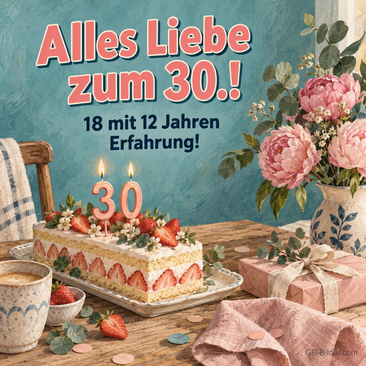 Erdbeertorte mit 30-Kerzen, Text: Alles Liebe zum 30.! 18 mit 12 Jahren Erfahrung! Erdbeertorte mit 30-Kerzen, Text: Alles Liebe zum 30.! 18 mit 12 Jahren Erfahrung!