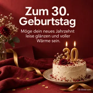 Torte mit 30-Kerzen auf rotem Samt, Text: Zum 30. Geburtstag