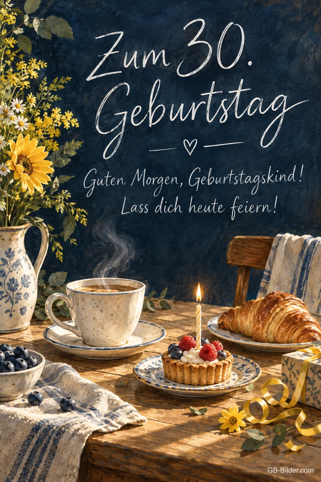 Frühstückstisch mit Kaffee und Törtchen, Text: Guten Morgen, Geburtstagskind! Zum 30. Geburtstag