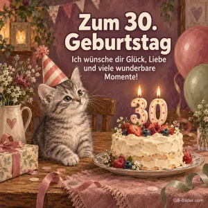 Kätzchen mit Partyhut vor Beerentorte, Text: Zum 30. Geburtstag – Glück, Liebe und viele wunderbare Momente!