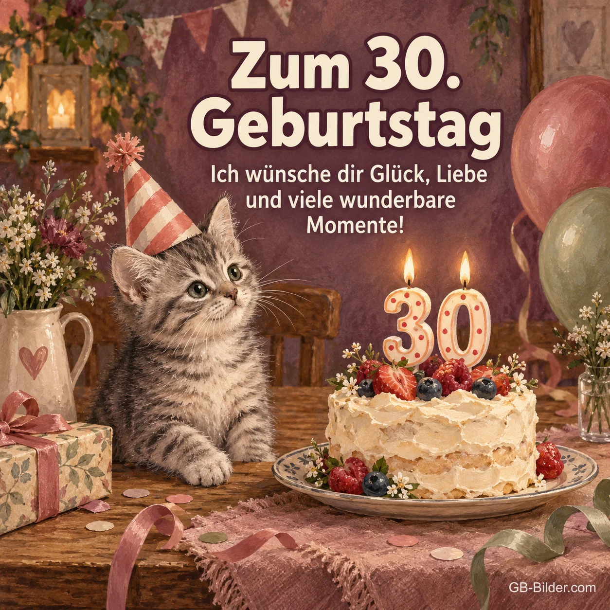 Kätzchen mit Partyhut vor Beerentorte, Text: Zum 30. Geburtstag – Glück, Liebe und viele wunderbare Momente!