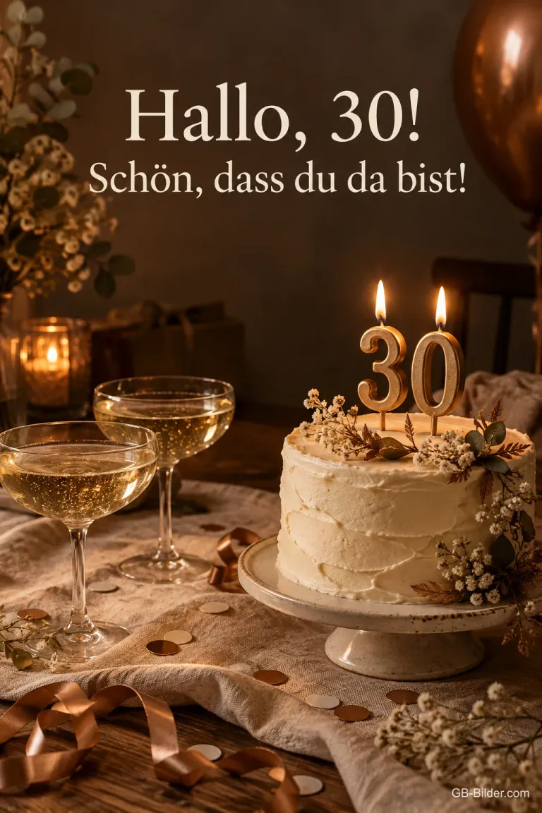 Torte mit 30-Kerzen und Sektschalen, Text: Hallo, 30! Schön, dass du da bist!