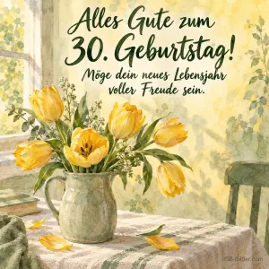 Gelbe Tulpen im Krug am Fenster, Text: Alles Gute zum 30. Geburtstag!