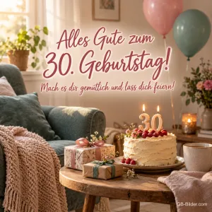 Torte mit 30-Kerzen im Wohnzimmer, Text: Alles Gute zum 30. Geburtstag!
