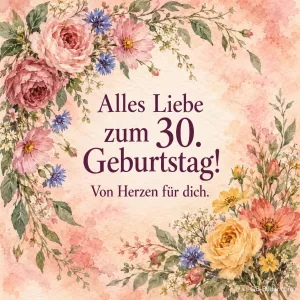 Rosen und Wildblumen in Aquarell, Text: Alles Liebe zum 30. Geburtstag! Von Herzen für dich.