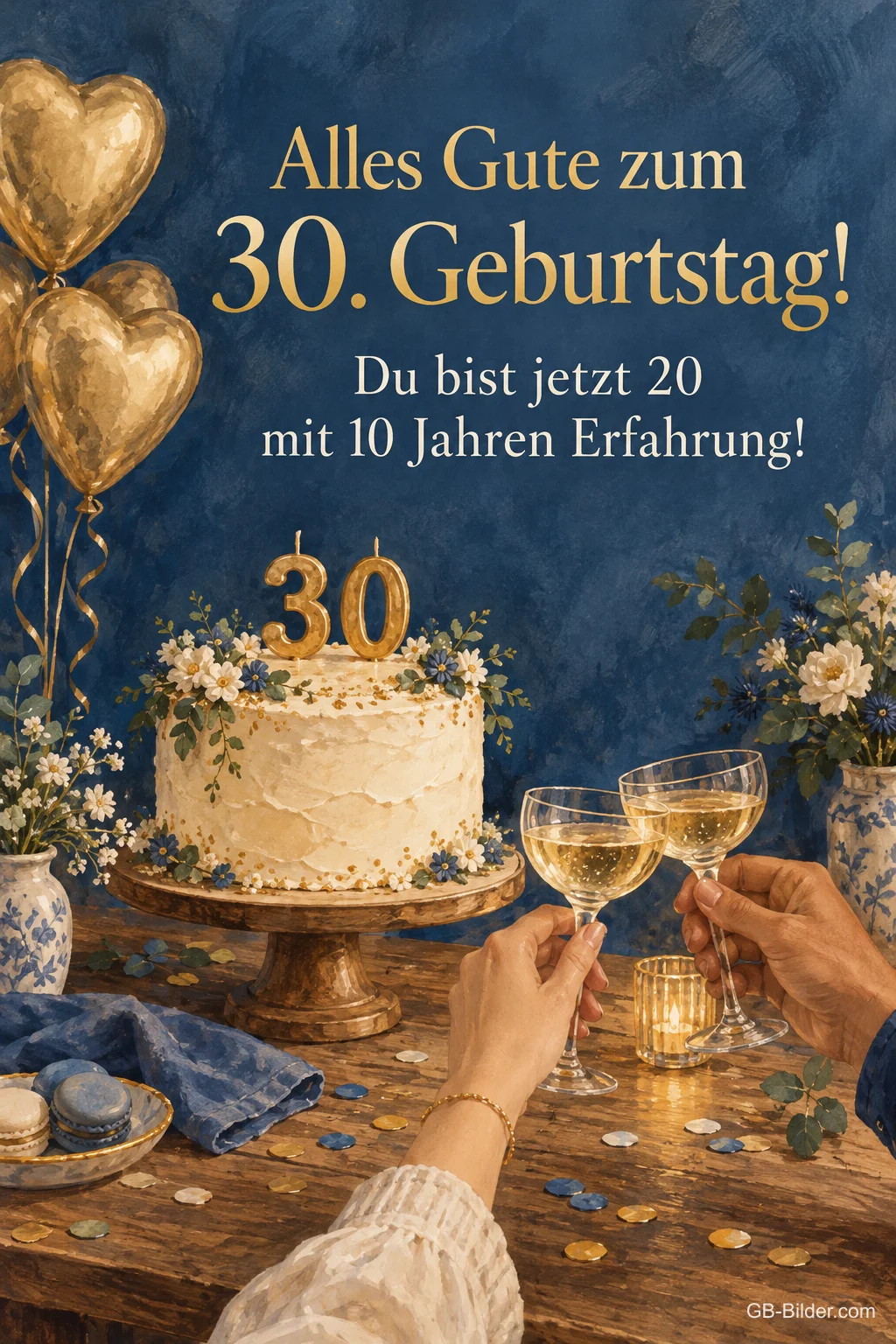 Anstoßen mit Sekt neben Torte mit goldener 30, Text: Du bist jetzt 20 mit 10 Jahren Erfahrung!