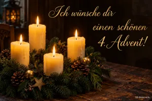 Vier brennende Kerzen auf einem Tannenkranz, Text: Ich wünsche dir einen schönen 4. Advent!