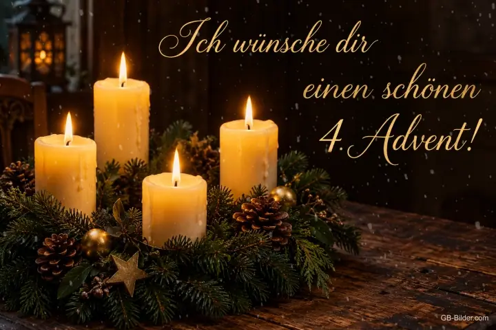 Vier brennende Kerzen auf einem Tannenkranz, Text: Ich wünsche dir einen schönen 4. Advent!