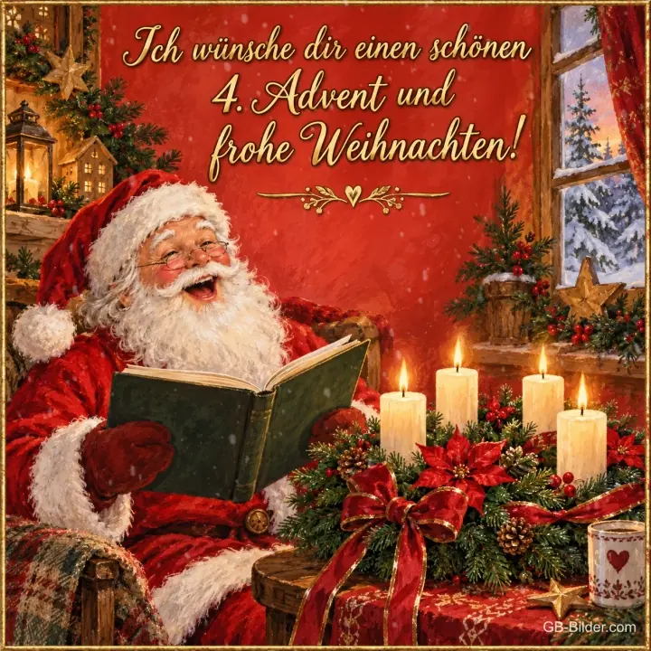 Weihnachtsmann liest neben vier brennenden Kerzen, Text: Ich wünsche dir einen schönen 4. Advent und frohe Weihnachten!