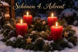 Adventskranz mit vier brennenden roten Kerzen und Sternen im Schnee, Text: Schönen 4. Advent