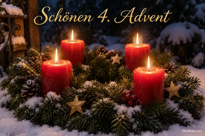 Adventskranz mit vier brennenden roten Kerzen und Sternen im Schnee, Text: Schönen 4. Advent