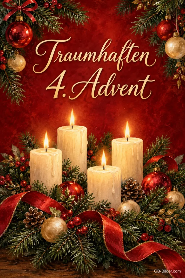 Vier brennende Kerzen zwischen Weihnachtskugeln und roter Schleife, Text: Traumhaften 4. Advent
