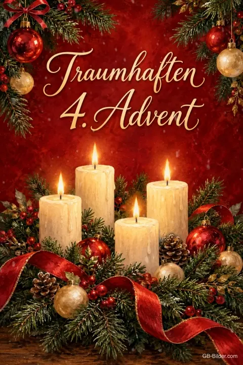 Vier brennende Kerzen zwischen Weihnachtskugeln und roter Schleife, Text: Traumhaften 4. Advent