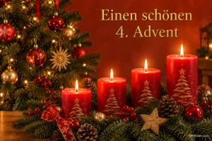 Vier brennende rote Kerzen vor einem geschmückten Tannenbaum, Text: Einen schönen 4. Advent