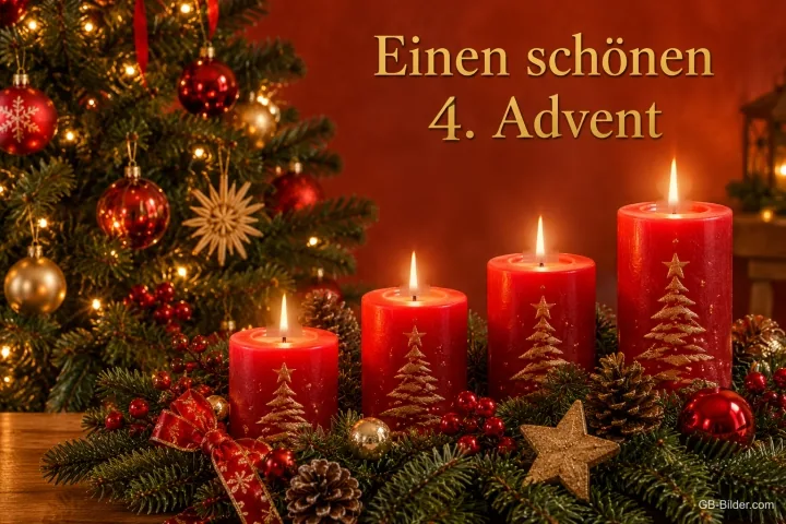Vier brennende rote Kerzen vor einem geschmückten Tannenbaum, Text: Einen schönen 4. Advent
