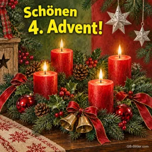 Vier brennende rote Kerzen mit Glocken, Schleifen und Sternen, Text: Schönen 4. Advent!