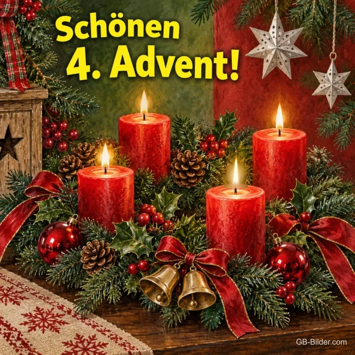 Vier brennende rote Kerzen mit Glocken, Schleifen und Sternen, Text: Schönen 4. Advent!