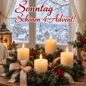 Adventskranz mit vier brennenden Kerzen am verschneiten Fenster, Text: Sonntag – Schönen 4. Advent!