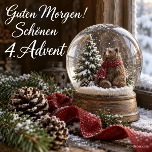 Schneekugel mit Bär und Tannenbaum am Winterfenster, Text: Guten Morgen! Schönen 4. Advent