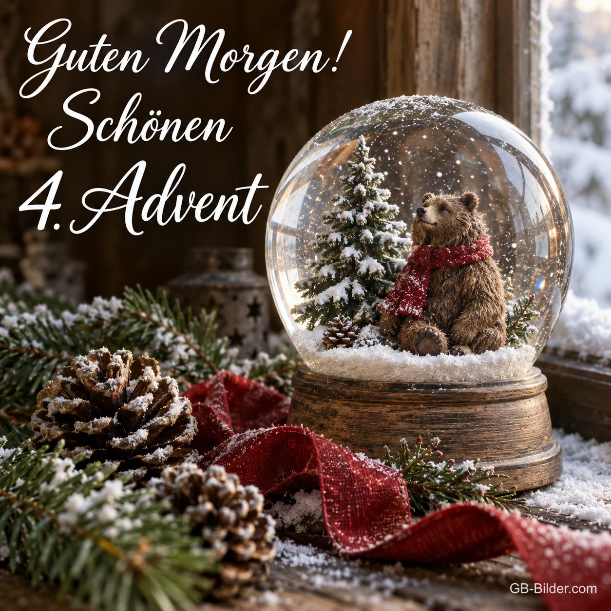 Schneekugel mit Bär und Tannenbaum am Winterfenster, Text: Guten Morgen! Schönen 4. Advent Schneekugel mit Bär und Tannenbaum am Winterfenster, Text: Guten Morgen! Schönen 4. Advent