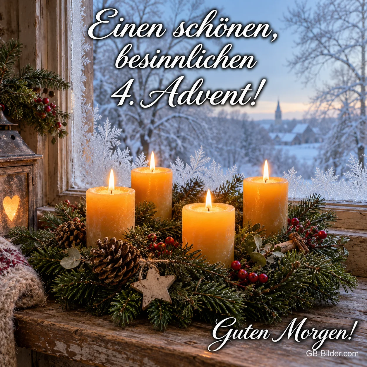 Vier brennende Kerzen im Gesteck am frostigen Fenster, Text: Einen schönen, besinnlichen 4. Advent! – Guten Morgen! Vier brennende Kerzen im Gesteck am frostigen Fenster, Text: Einen schönen, besinnlichen 4. Advent! – Guten Morgen!