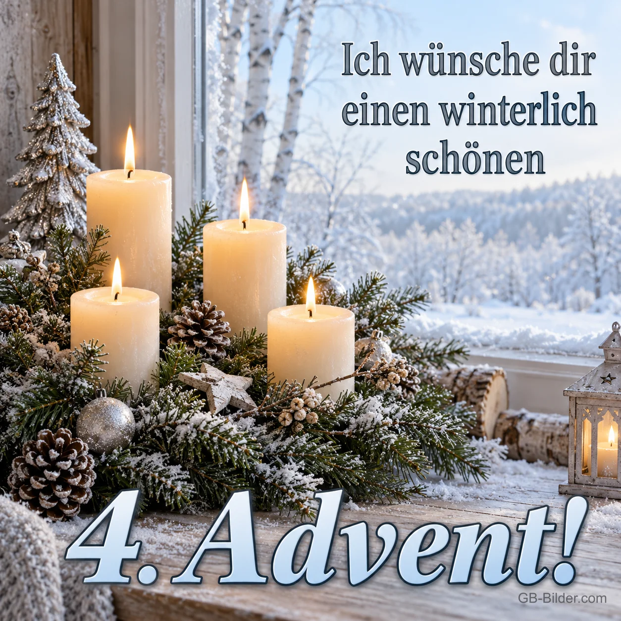 Vier weiße Kerzen im verschneiten Gesteck am Fenster, Text: Ich wünsche dir einen winterlich schönen – 4. Advent! Vier weiße Kerzen im verschneiten Gesteck am Fenster, Text: Ich wünsche dir einen winterlich schönen – 4. Advent!