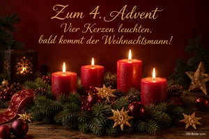 Vier brennende rote Kerzen mit goldenen Sternen, Text: Zum 4. Advent – Vier Kerzen leuchten, bald kommt der Weihnachtsmann!