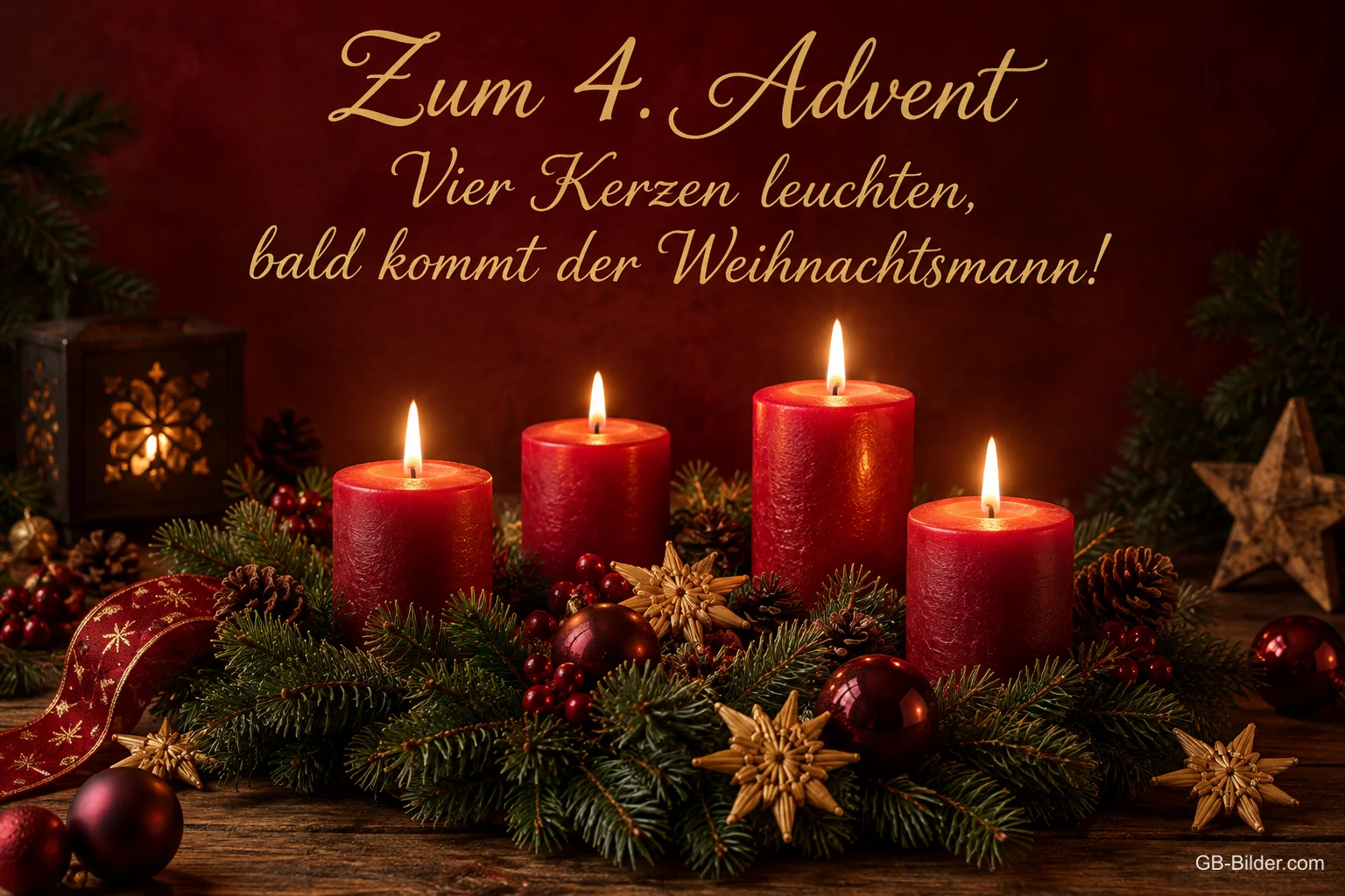 Vier brennende rote Kerzen mit goldenen Sternen, Text: Zum 4. Advent – Vier Kerzen leuchten, bald kommt der Weihnachtsmann! Vier brennende rote Kerzen mit goldenen Sternen, Text: Zum 4. Advent – Vier Kerzen leuchten, bald kommt der Weihnachtsmann!