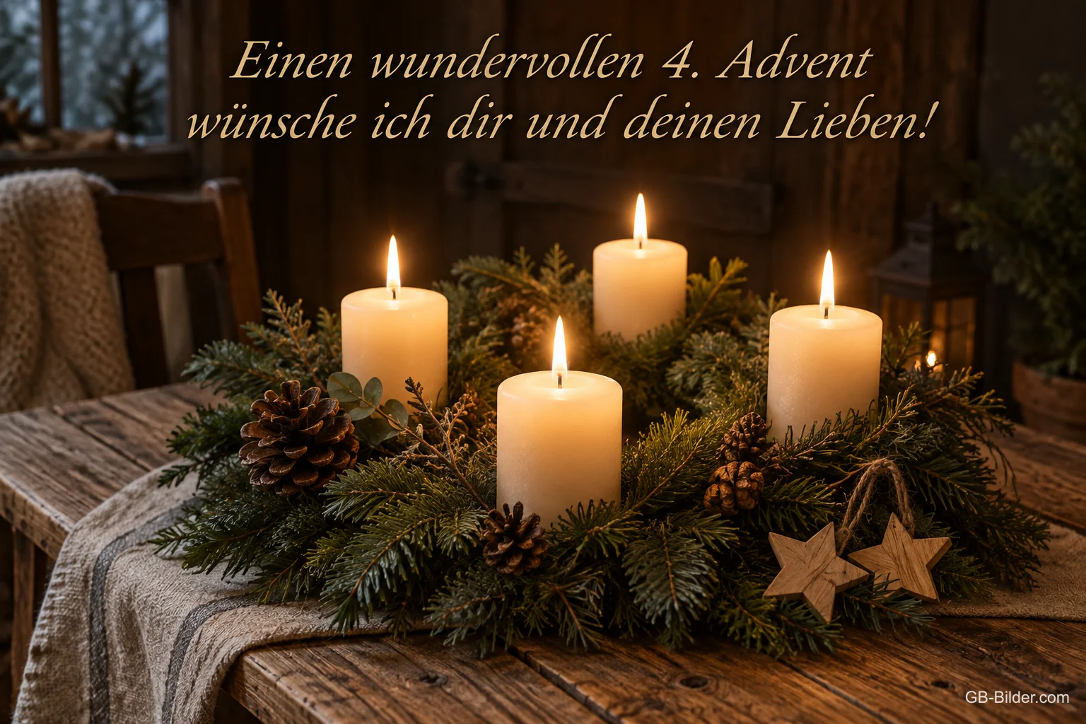 Adventskranz mit vier weißen Kerzen auf einem Holztisch, Text: Einen wundervollen 4. Advent – wünsche ich dir und deinen Lieben! Adventskranz mit vier weißen Kerzen auf einem Holztisch, Text: Einen wundervollen 4. Advent – wünsche ich dir und deinen Lieben!