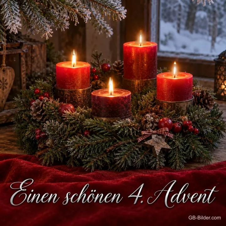 Adventskranz mit vier brennenden roten Kerzen auf rotem Samt, Text: Einen schönen 4. Advent Adventskranz mit vier brennenden roten Kerzen auf rotem Samt, Text: Einen schönen 4. Advent