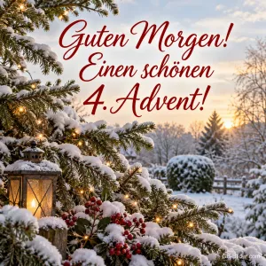 Verschneite Tanne mit Lichtern und Laterne, Text: Guten Morgen! Einen schönen 4. Advent!