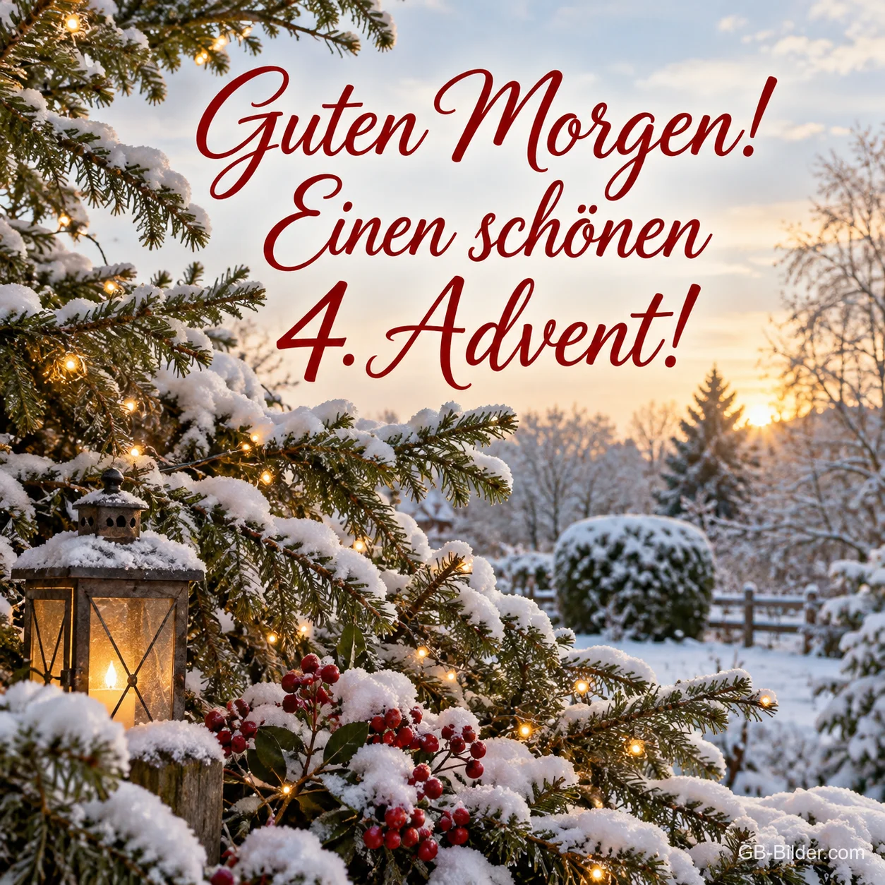 Verschneite Tanne mit Lichtern und Laterne, Text: Guten Morgen! Einen schönen 4. Advent! Verschneite Tanne mit Lichtern und Laterne, Text: Guten Morgen! Einen schönen 4. Advent!
