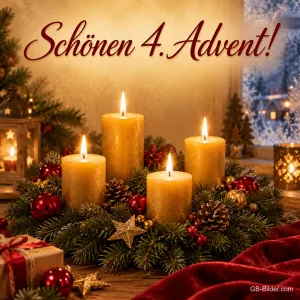 Adventskranz mit vier brennenden goldenen Kerzen, Text: Schönen 4. Advent!