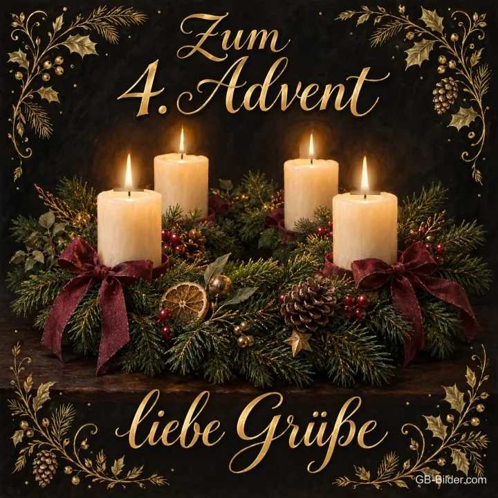 Vier brennende Kerzen auf einem Kranz mit Schleifen, Text: Zum 4. Advent – liebe Grüße Vier brennende Kerzen auf einem Kranz mit Schleifen, Text: Zum 4. Advent – liebe Grüße