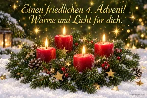Adventsgesteck mit vier brennenden roten Kerzen im Schnee, Text: Einen friedlichen 4. Advent! Wärme und Licht für dich.