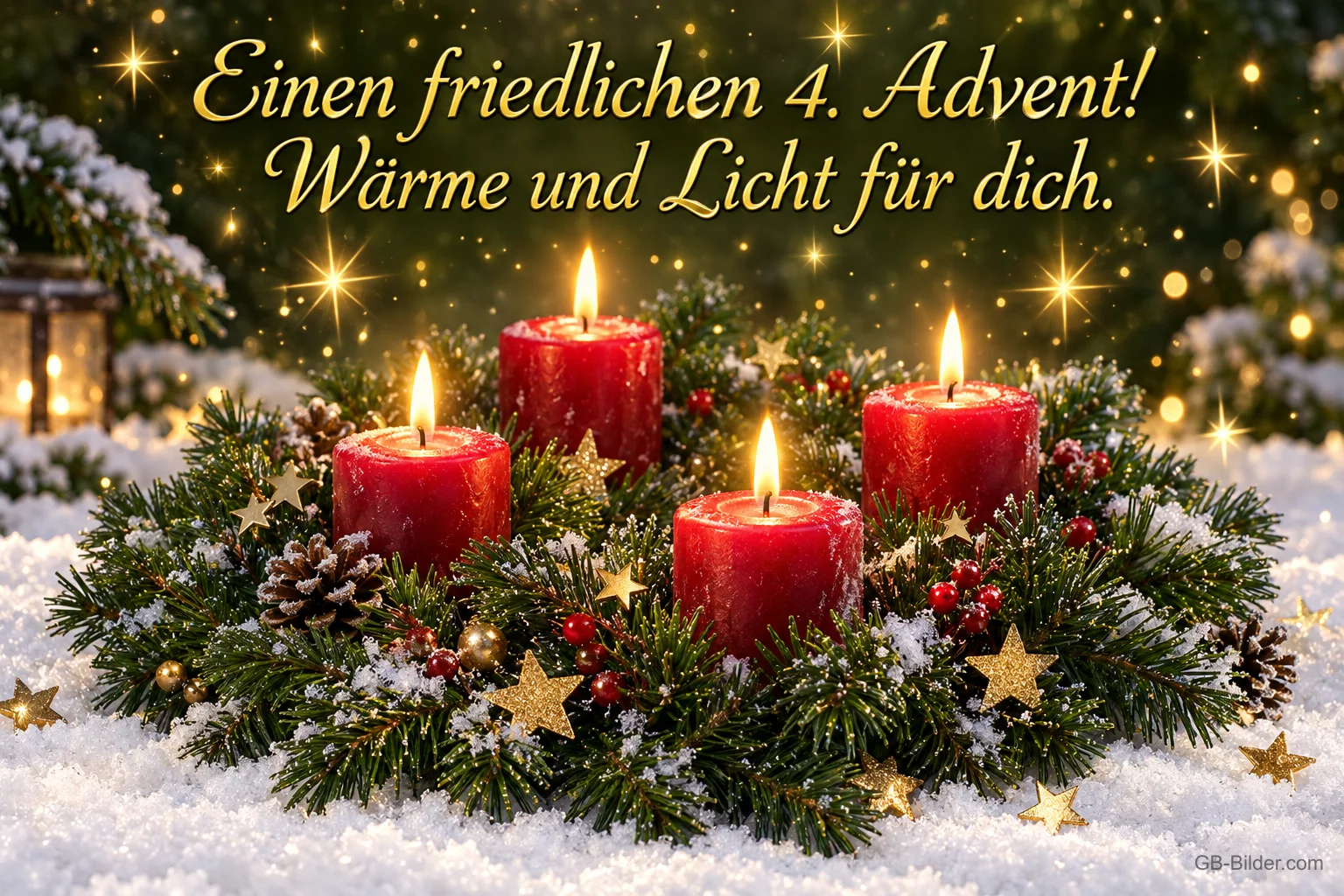 Adventsgesteck mit vier brennenden roten Kerzen im Schnee, Text: Einen friedlichen 4. Advent! Wärme und Licht für dich. Adventsgesteck mit vier brennenden roten Kerzen im Schnee, Text: Einen friedlichen 4. Advent! Wärme und Licht für dich.