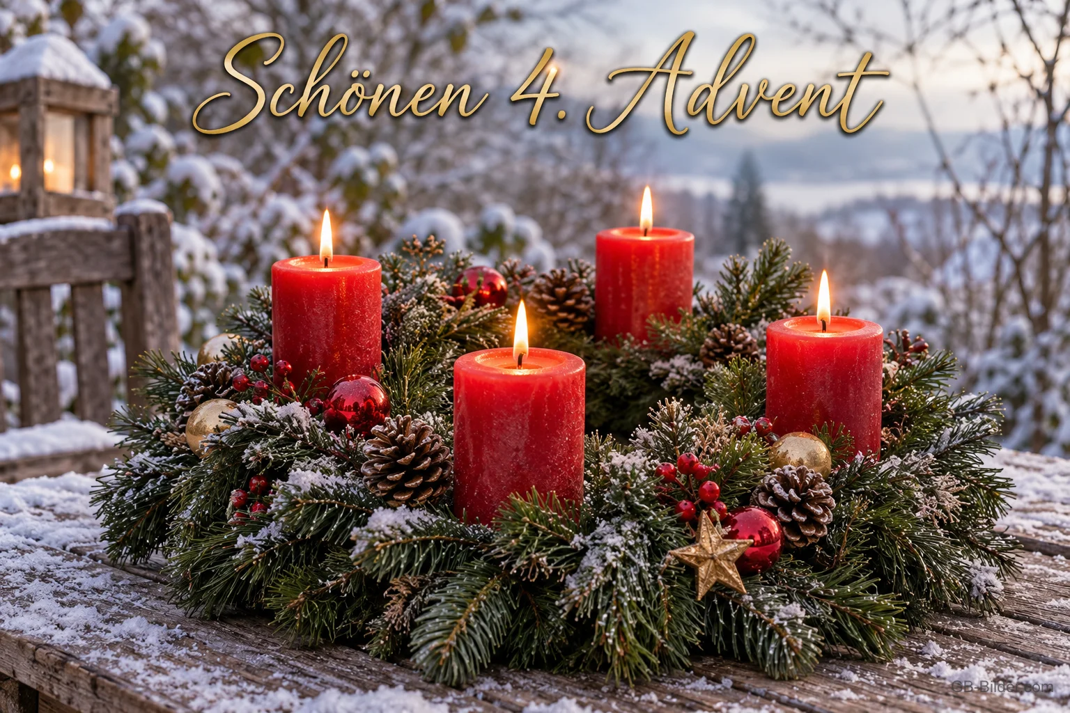 Adventskranz mit vier roten Kerzen auf einem verschneiten Tisch, Text: Schönen 4. Advent Adventskranz mit vier roten Kerzen auf einem verschneiten Tisch, Text: Schönen 4. Advent