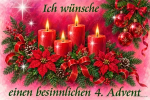 Vier brennende rote Kerzen zwischen Weihnachtssternen und Kugeln, Text: Ich wünsche einen besinnlichen 4. Advent